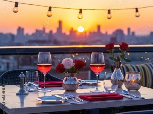 Obraz Romantic dinner for two on rooftop with city skyline view