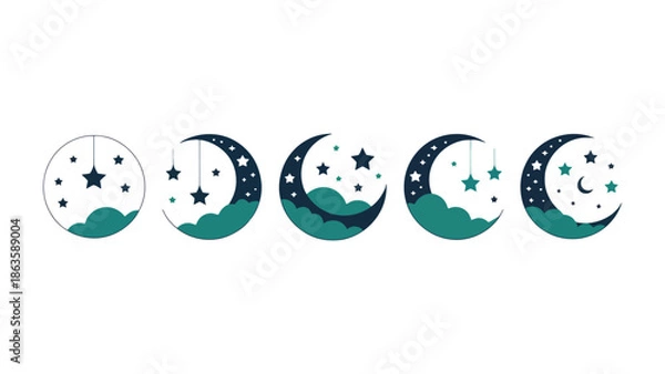 Obraz Celestial Dance: The image showcases a celestial display featuring moon phase illustrations.