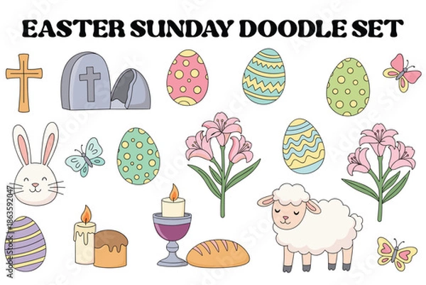 Obraz Easter Sunday Doodle Illustration Set with Religious and Spring Elements