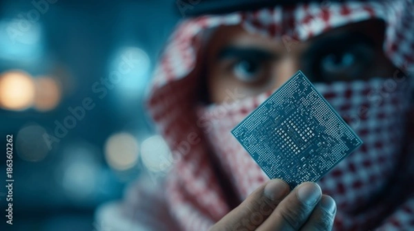 Obraz Arab Man Holding Microchip, Technology Innovation, Future Computing