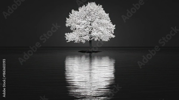 Obraz White tree, black water, serene reflection