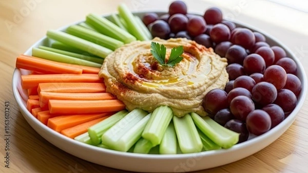 Obraz Fresh Vegetable and Fruit Platter with Hummus.