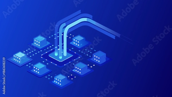 Obraz Minimal flat vector illustration of digital analytics environment with data flow and network
