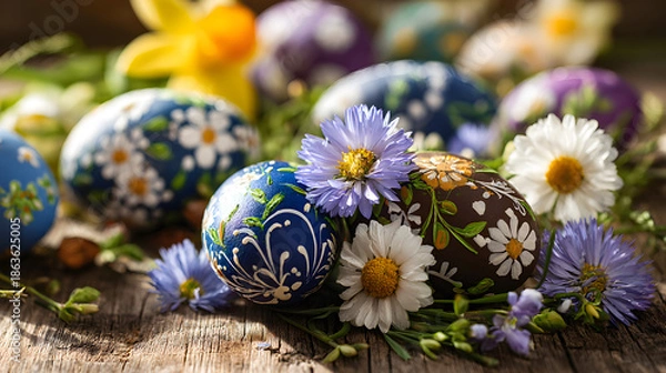 Fototapeta easter eggs and flowers