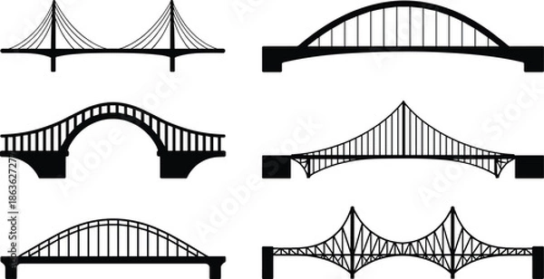 Obraz Bridge Silhouettes in Engineering Styles, Cable-Stayed, Arch, Suspension Designs, Structural Architecture Elements, Vector Illustration, Civil Engineering Concept, Infrastructure Design Graphics