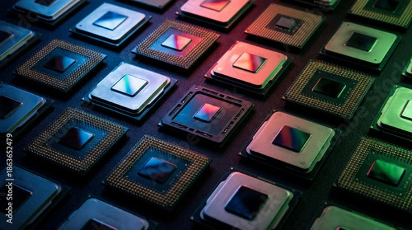 Obraz computer processors arranged in a grid with colorful light reflections