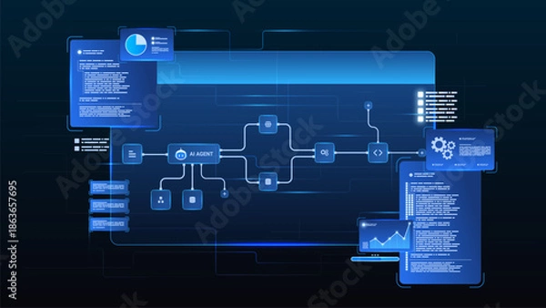 Obraz AI workflow automation artificial intelligence. ai agent workflow diagram dashboard machine learning showing node input, processing and database connections, modular automation steps.