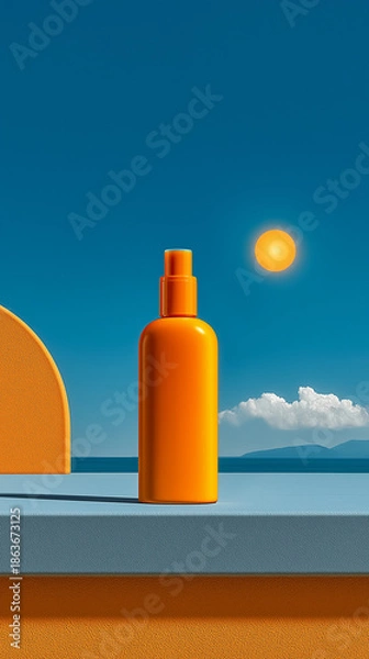 Obraz Orange sunscreen spray bottle on blue surface