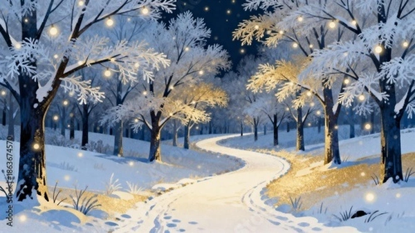 Obraz Snowy path with illuminated trees