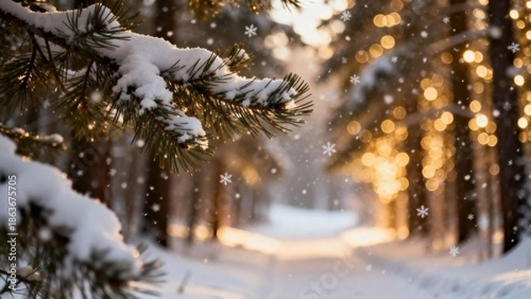 Obraz Snowy pine branches in a forest