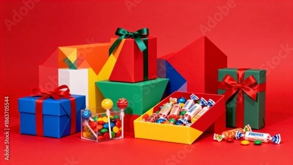 Obraz Colorful gift boxes and assorted candies