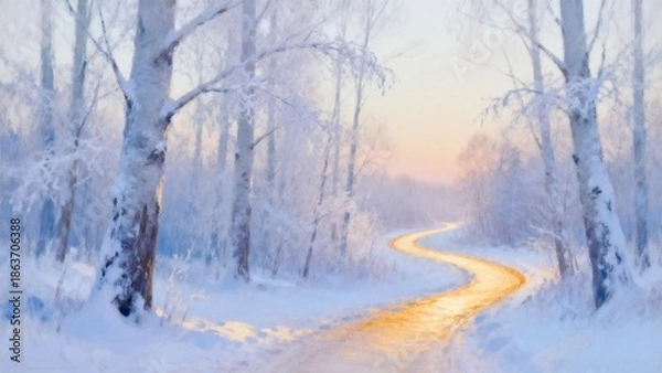 Obraz Snowy forest path at sunrise