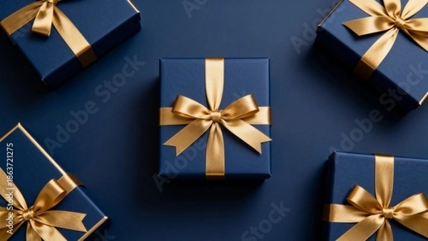 Obraz Blue gift boxes with gold ribbons