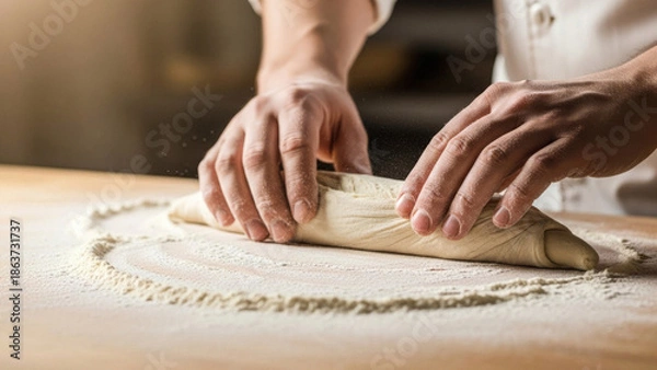 Obraz Baker Rolling Out Dough on Floured Surface.