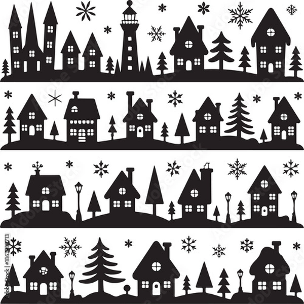 Obraz blacksilhouetteillustrationsofhousesandtreesinwinter