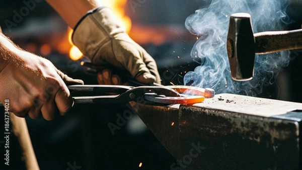 Obraz Blacksmith Forging Hot Metal with Hammer.