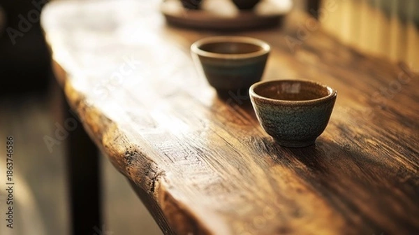 Obraz Rustic wooden table, teacups, warm lighting, blurred background