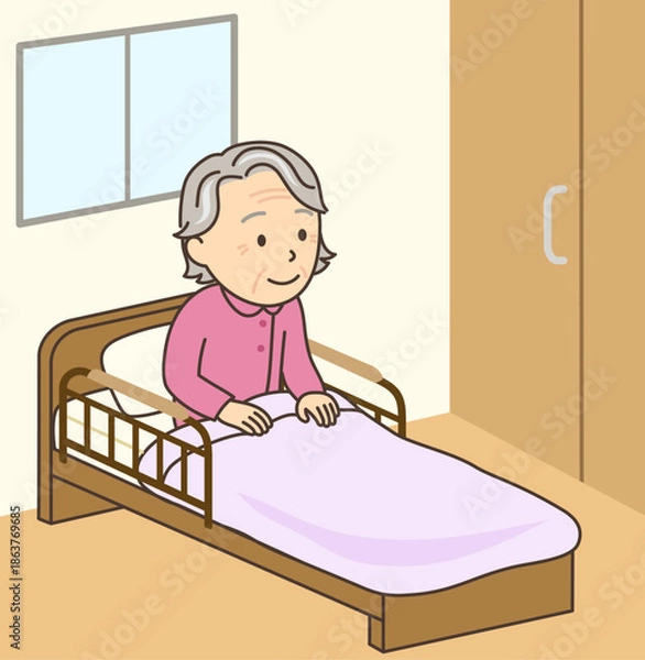 Obraz 介護ベッド上で起きあがっているおばあさん