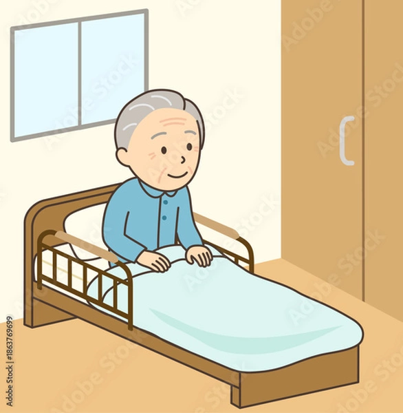 Obraz 介護ベッド上で起き上がっているおじいさん