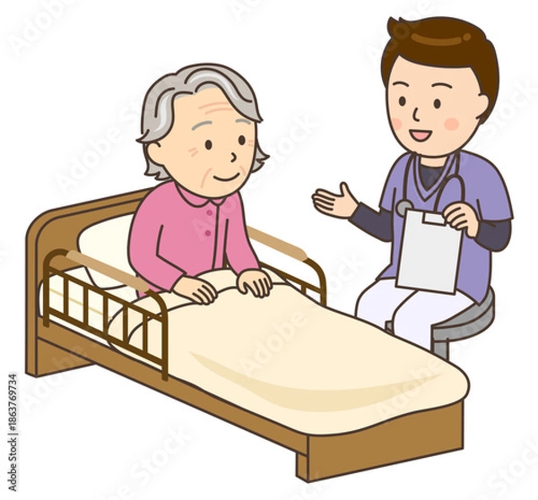 Obraz おばあさんとベッドサイドで寄り添う若い男性看護師