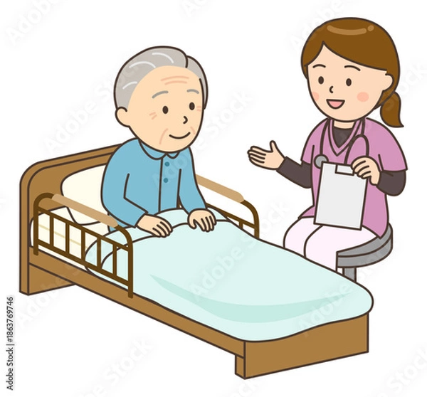 Obraz おじいさんとベッドサイドで寄り添う若い女性看護師