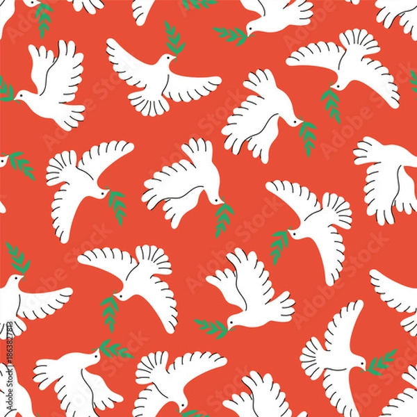 Obraz Seamless pattern with flying white doves. Vector graphics.