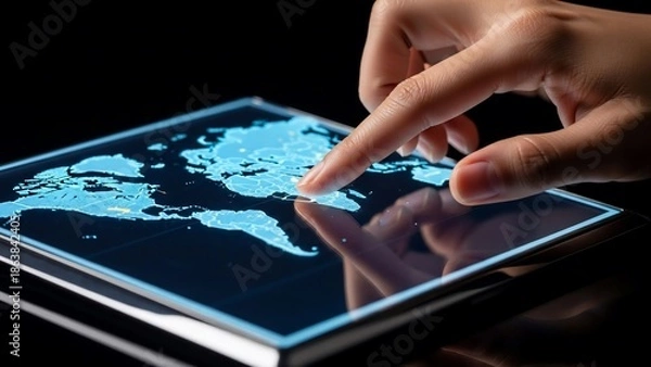 Fototapeta Hand Interacting with Digital Tablet Displaying World Map.
