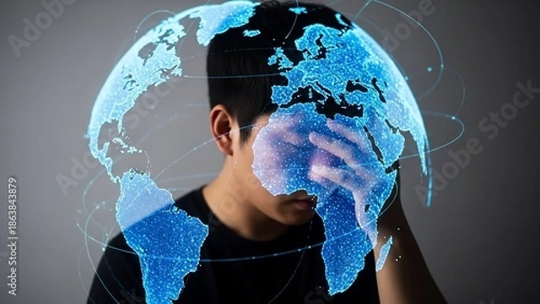 Obraz Man with digital globe on his face.