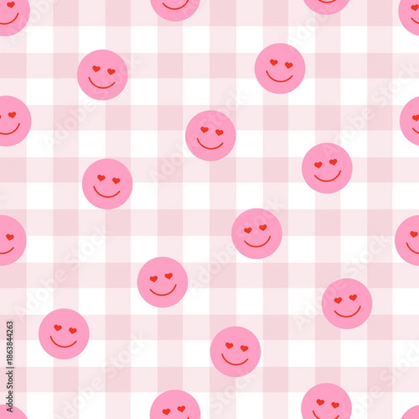 Obraz Cute Pink Gingham Pattern with Heart Eye Smileys