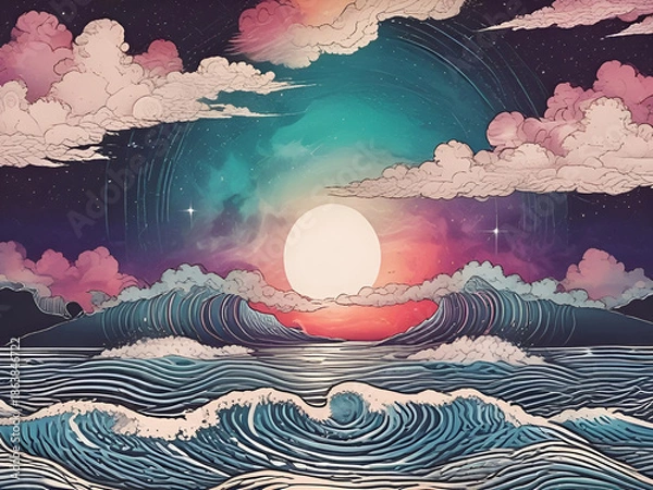 Fototapeta Waves and lines and nebula clouds