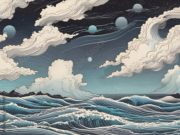 Fototapeta Waves and lines and nebula clouds