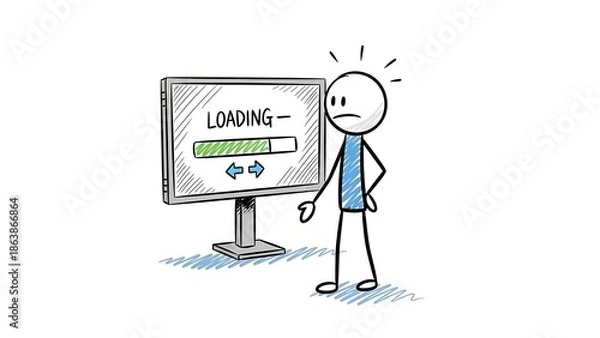 Obraz Frustrated Stick Figure Waiting for Computer Loading Bar to Complete.