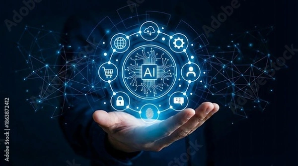 Obraz Artificial intelligence icons floating above human hand concept
