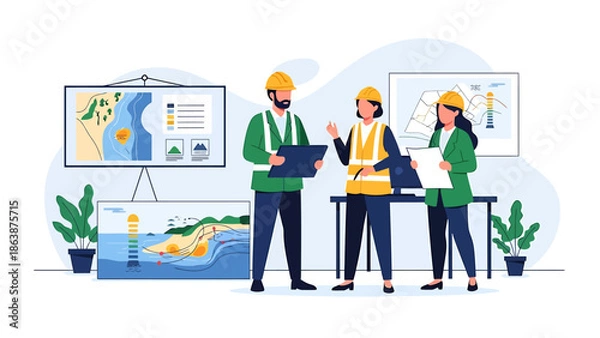 Obraz Engineers discussing project plans in a meeting.