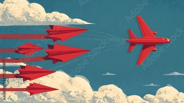 Obraz think differently concept red airplane changing direction vector illustration.