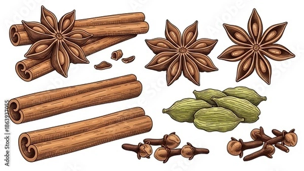 Obraz Hand Drawn Ramadan Spices Set Vector Illustration