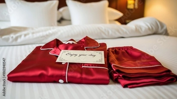 Obraz Red silk pajamas on bed