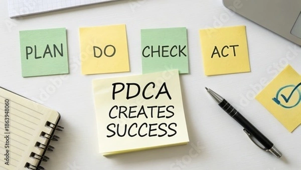 Obraz Sticky notes explaining PDCA process to create business success