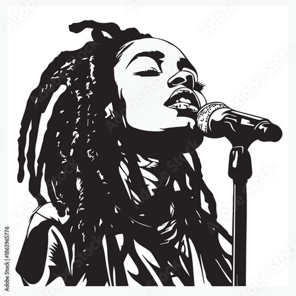 Obraz dreadlocked female reggae singer with microphone.