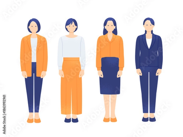 Obraz スーツやオフィスカジュアルな装いの女性。清潔感のあるビジネスウーマンが集合しているイラスト素材。