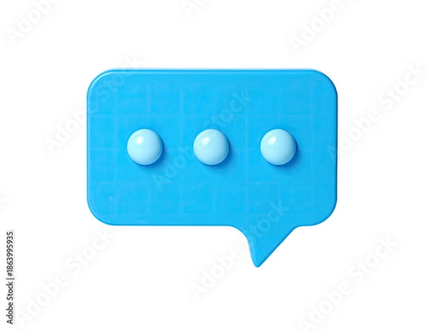 Obraz 3D-rendered, solid-blue speech bubble icon with three small spheres, suggesting a chat or messaging