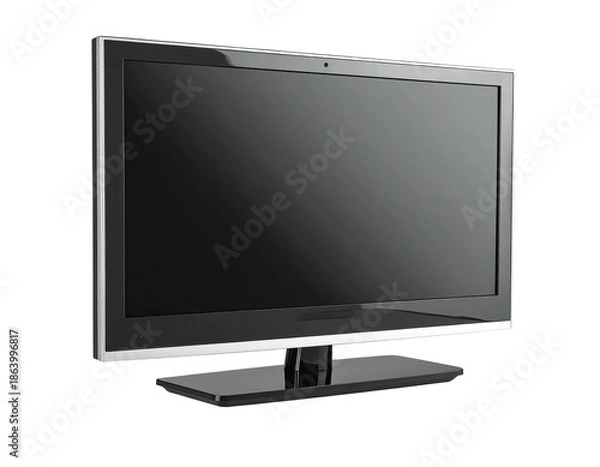 Obraz A modern, sleek television with a dark screen, perched on a rectangular, glossy base