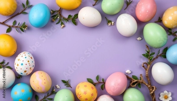 Obraz Festive Easter Eggs with Greenery Purple Background