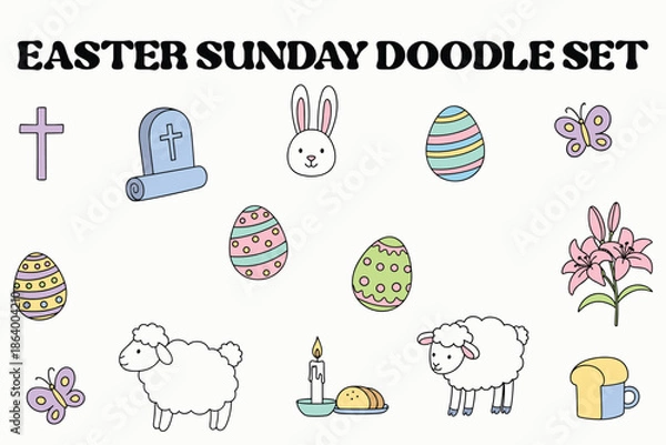 Obraz Easter Sunday Doodle Illustration Set with Religious and Spring Elements
