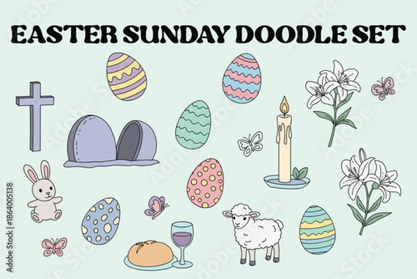 Obraz Easter Sunday Doodle Illustration Set with Religious and Spring Elements
