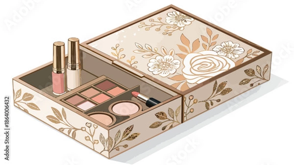 Obraz Elegant floral makeup box with cosmetics inside