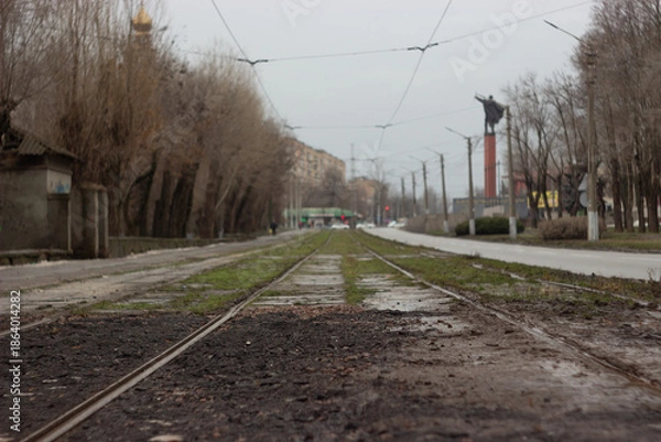 Obraz Empty Tramway Line in City Street