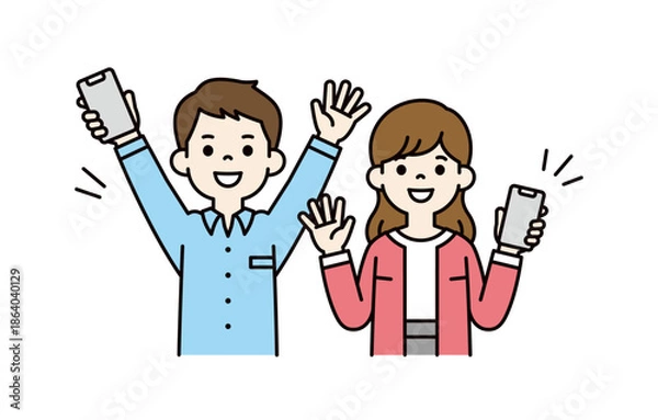 Obraz スマートフォンを持って、笑顔で手を振る男性と女性の上半身ベクターイラスト素材セット＿カラー