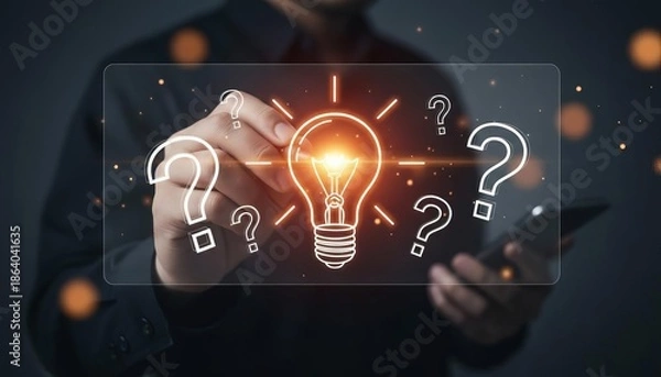 Obraz Problem-solving and creative idea generation: Hand touching a glowing lightbulb among question marks on a virtual screen