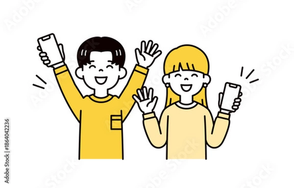 Obraz スマホを持って、笑顔で手を振る10代・20代の男性と女性のシンプルなベクターイラスト素材セット